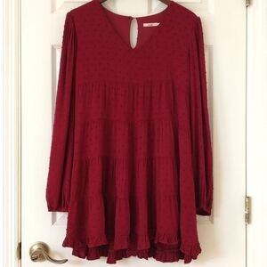 Miami Flowy Tiered Swiss Dot Long Sleeve V-neck A-line Mini Dress Burgundy XS